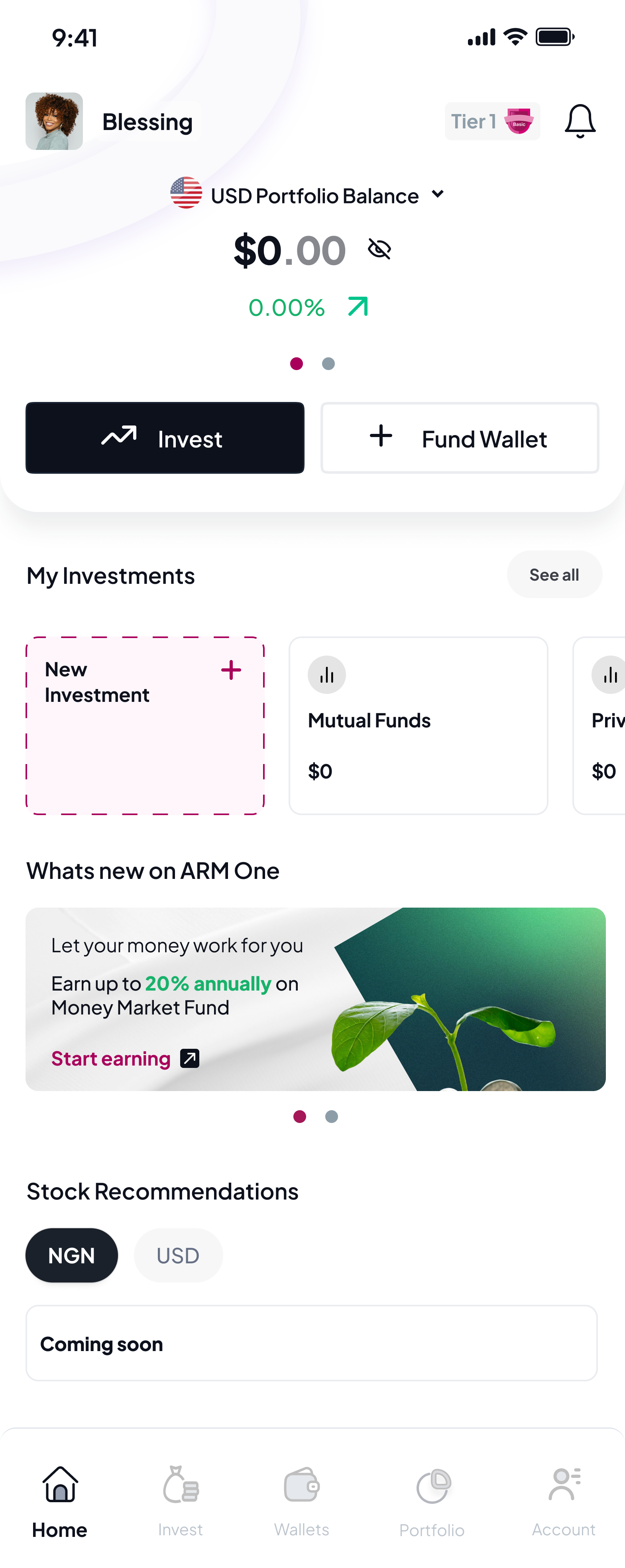 V1 new-user dashboard — $0 balance, empty cards, conditional content slots