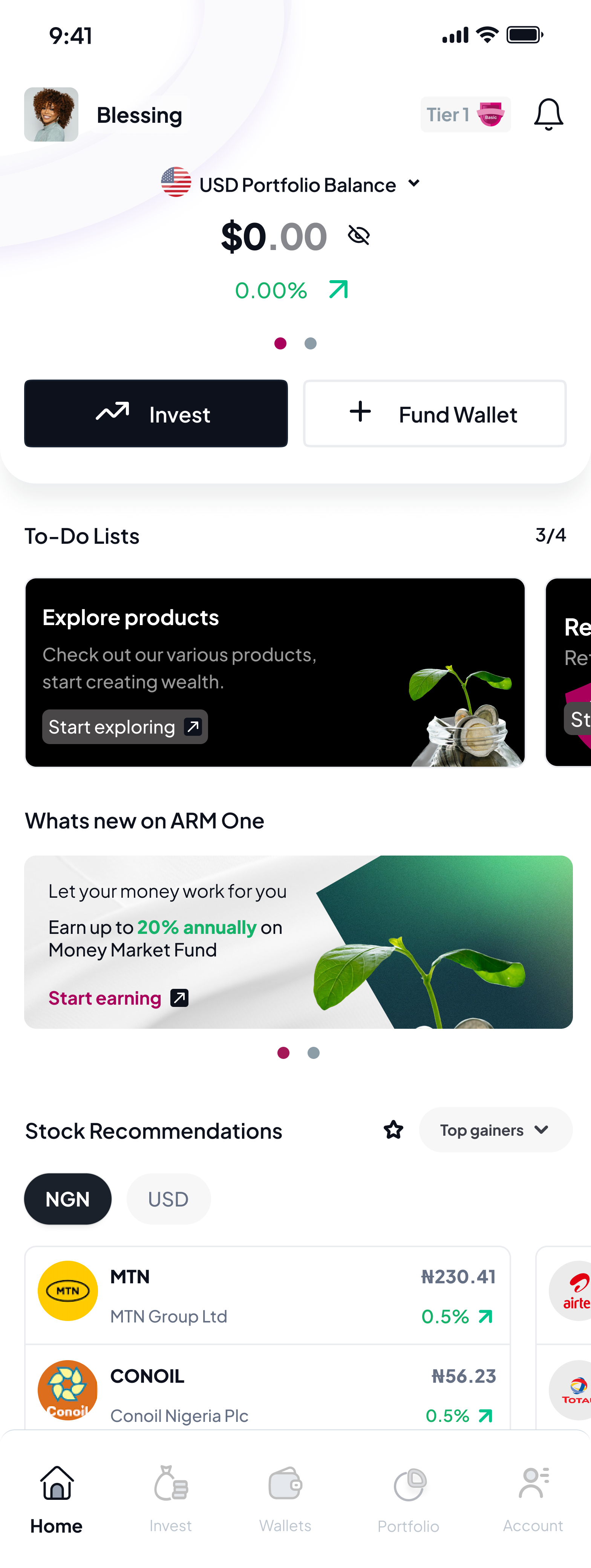 V2 new-user dashboard — Welcome, let's get you started, honest $0, primary CTA to fund or explore
