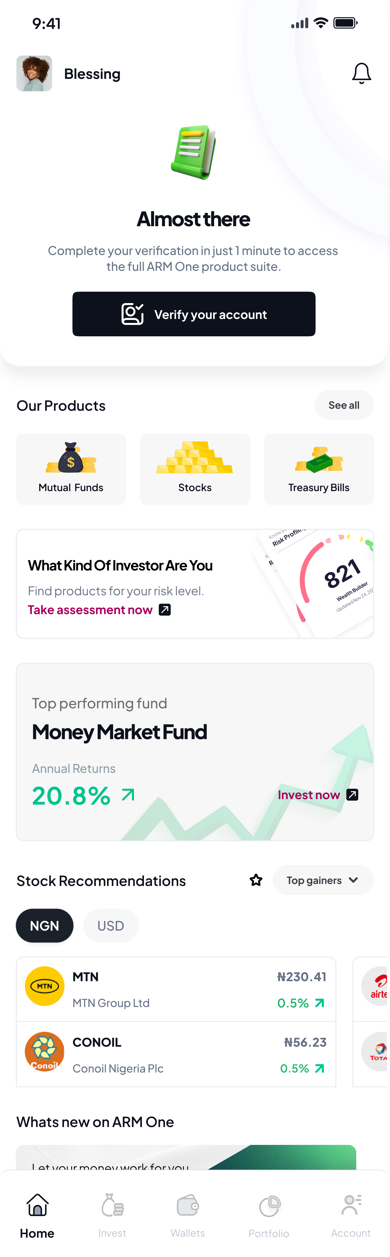V3 new-user dashboard — discovery surface with real products, top-performing funds, BVN nudge and profiling CTA