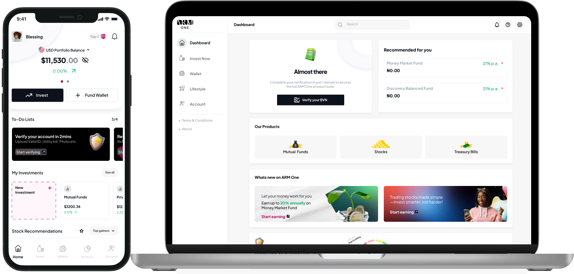 ARM ONE — investing platform shown on laptop and mobile