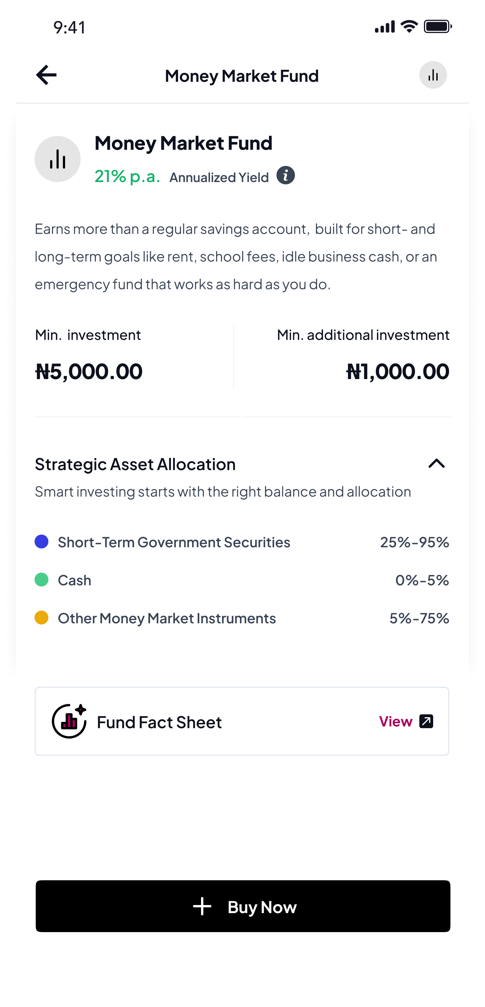 MMF First-Timer view — product explained in plain language, Strategic Asset Allocation and Fund Fact Sheet above the fold, Buy Now CTA