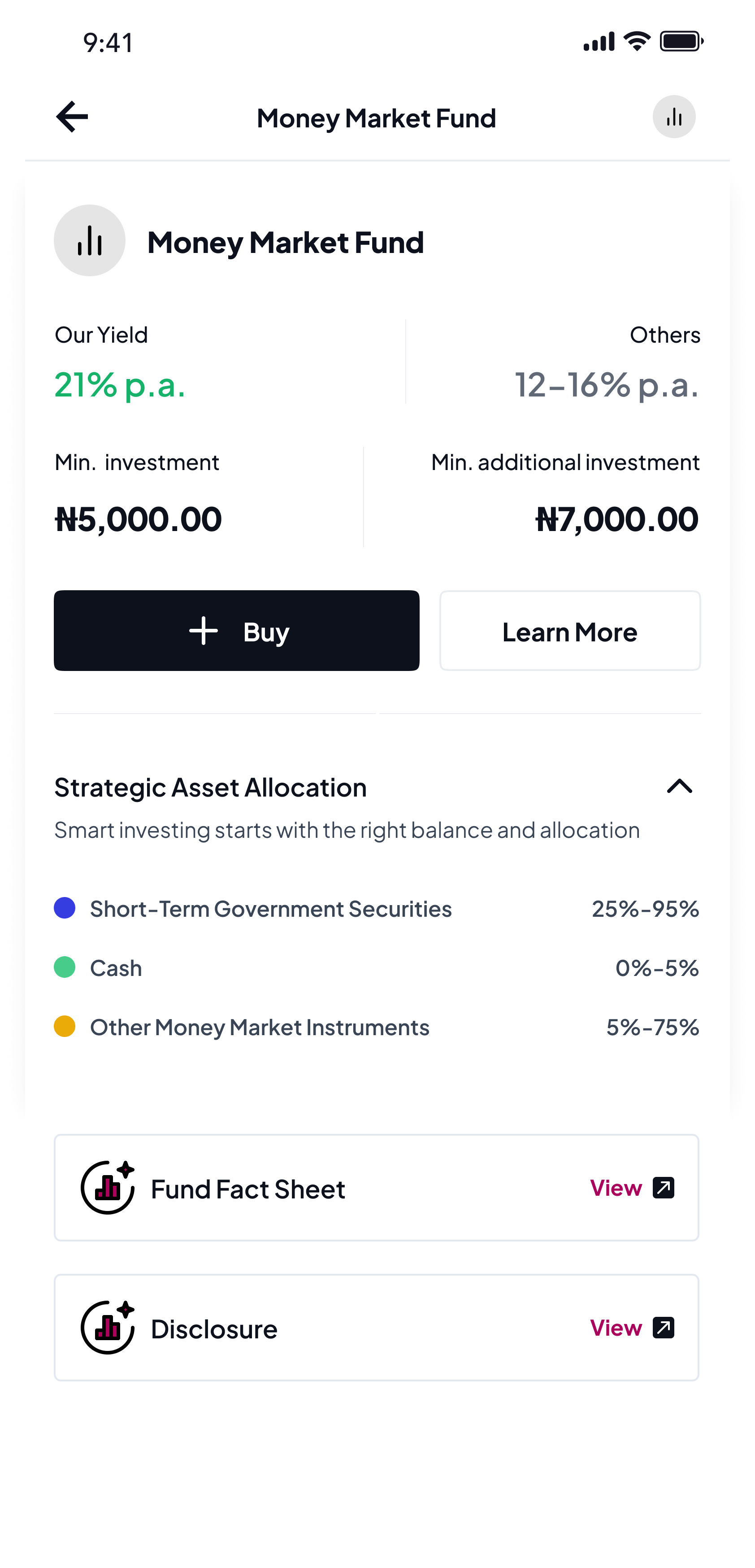 MMF Switcher view — Our Yield 21% p.a. vs Others 12–16% p.a. comparison, Fund Fact Sheet and Disclosure trust artefacts