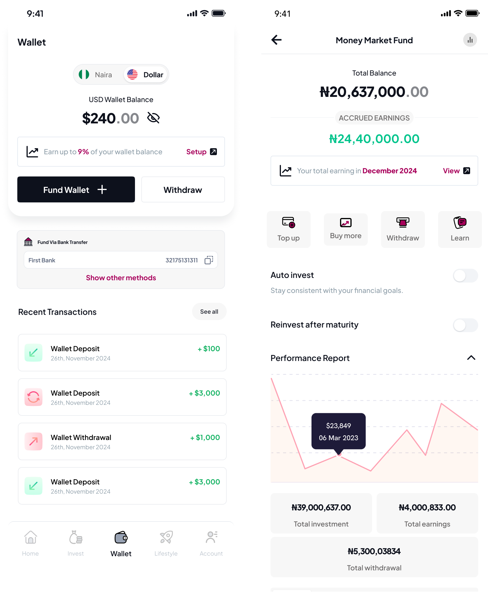 ARM ONE Wallet — funding sheet with dynamic payment method ranking and earn-on-balance, alongside the product-page Auto-invest and Re-invest after maturity moments